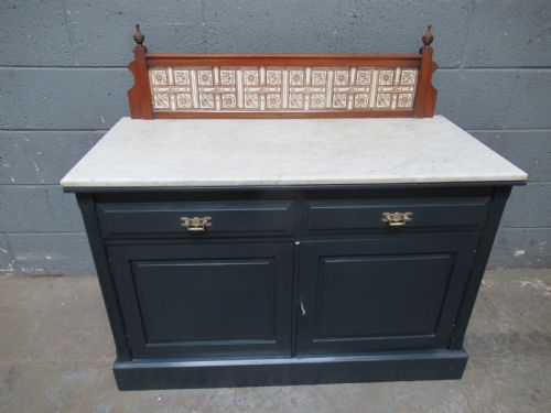Victorian Painted  Marble and Tile Back Washstand