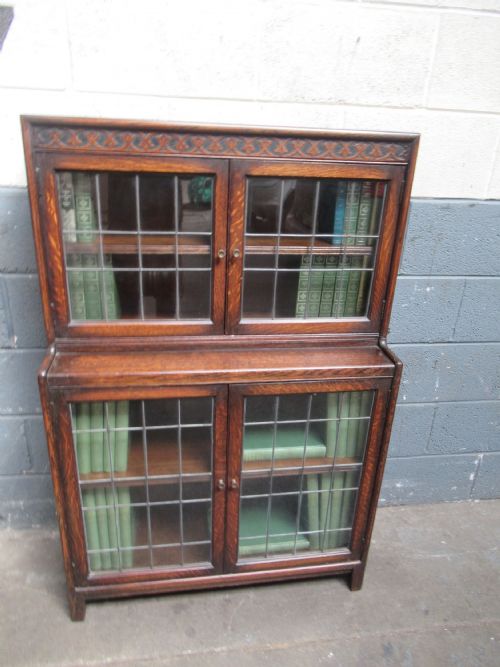 1920s Oak Leaded Glass Bookcase