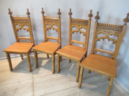 Set of Four 19th Century   Light Oak Gothic Hall Chairs