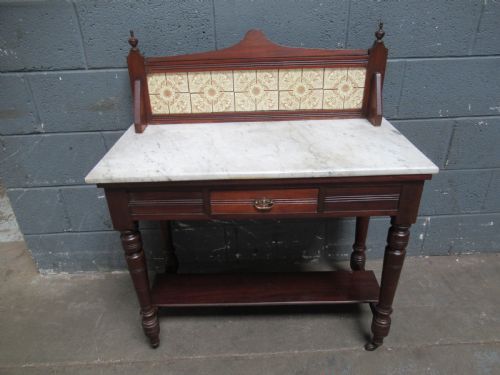 Late Victorian Mahogany Marble and Tile Back Washstand