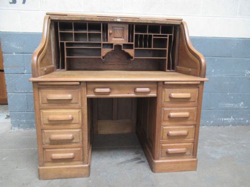 Large Light Oak Roll Top Desk