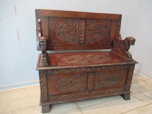 A Carved Oak Monks Bench Seat   1920