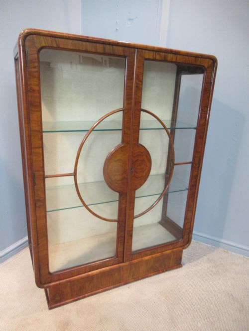 BURR WALNUT ART DECO PERIOD DISPLAY CABINET