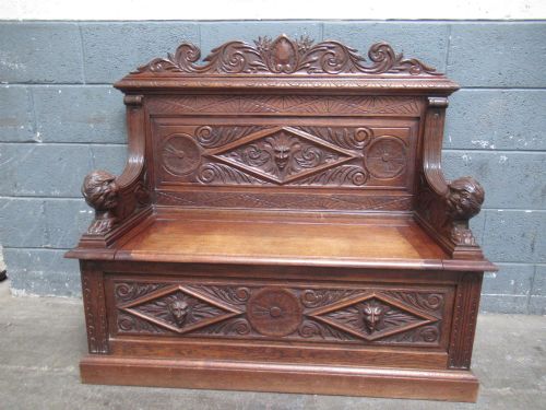Late Victorian Carved Oak Bench Seat