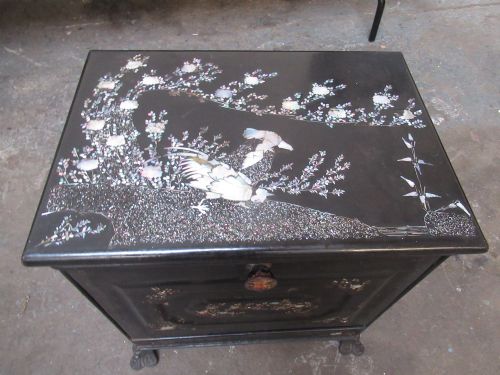 Victorian  Black Metal   Decorative Coal Box,   Mother of Pearl  Detail