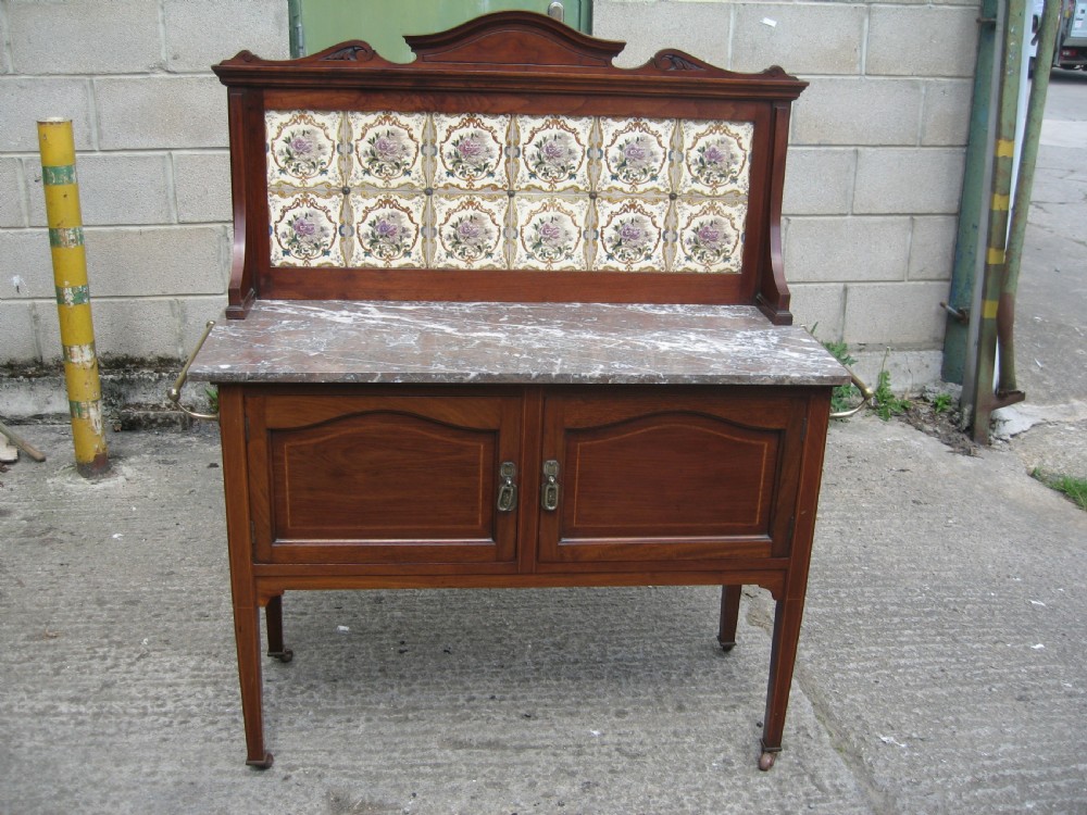 Edwardian inlaid mahogany marble and tile back washstand
