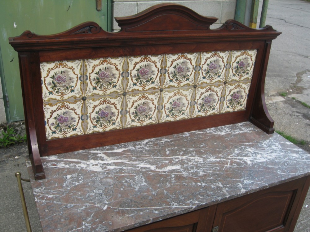 Edwardian inlaid mahogany marble and tile back washstand View III