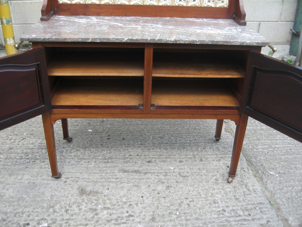 Edwardian inlaid mahogany marble and tile back washstand View V