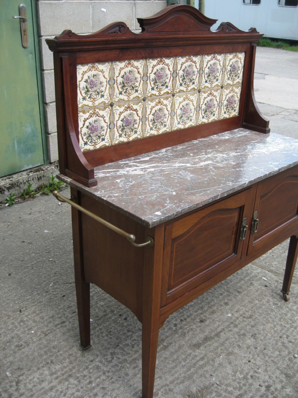 Edwardian inlaid mahogany marble and tile back washstand View VII