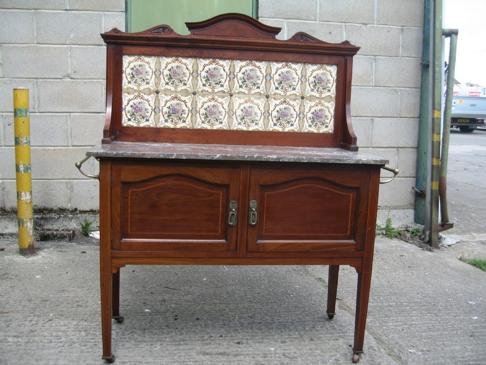 Edwardian inlaid mahogany marble and tile back washstand View VIII