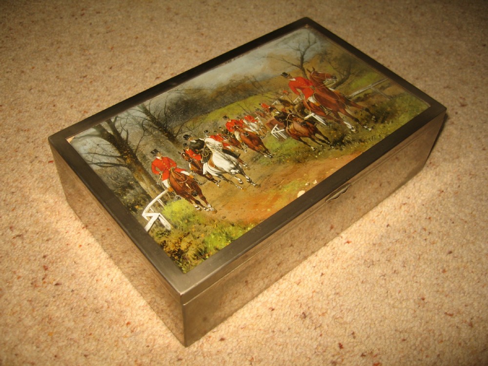 White metal  box with horse and hounds  scene View II