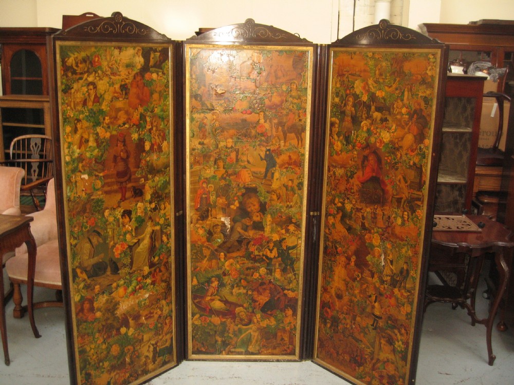 Victorian mahogany three fold scrap work  screen