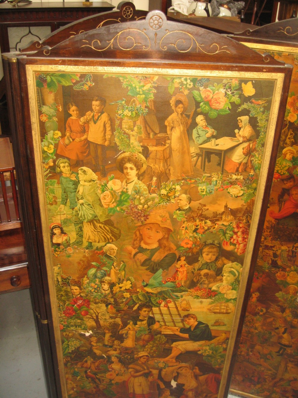 Victorian mahogany three fold scrap work  screen View II
