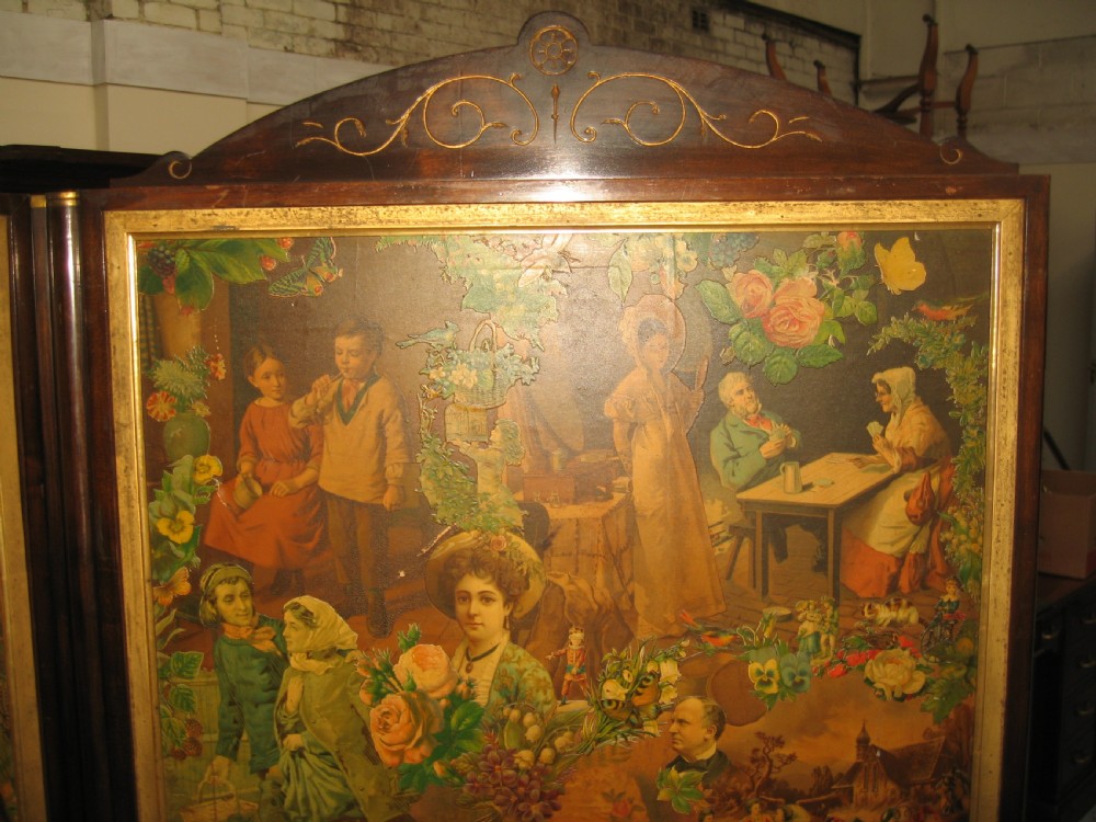 Victorian mahogany three fold scrap work  screen View IV