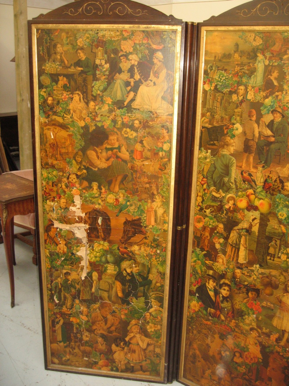 Victorian mahogany three fold scrap work  screen View VI