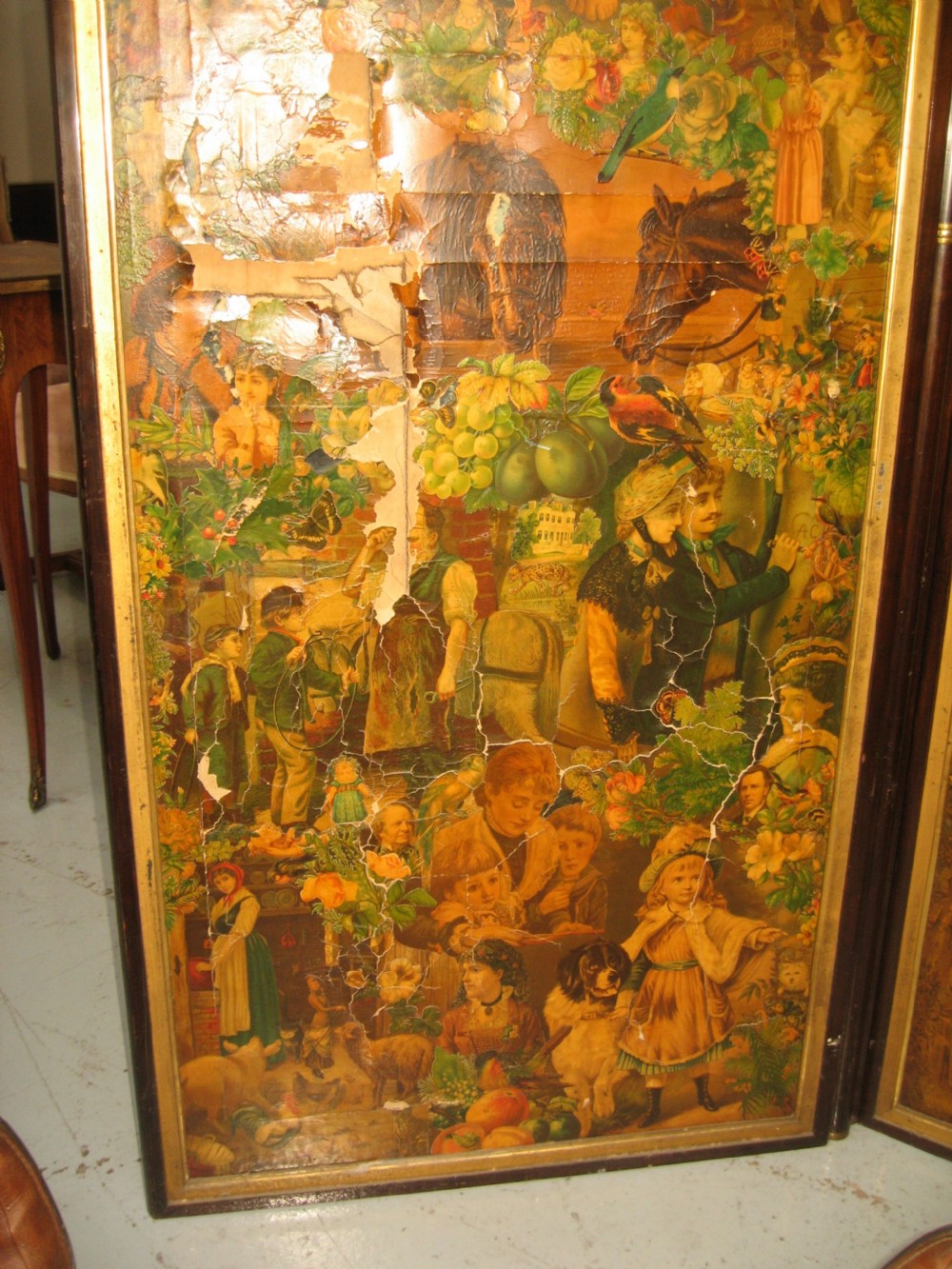 Victorian mahogany three fold scrap work  screen View VII