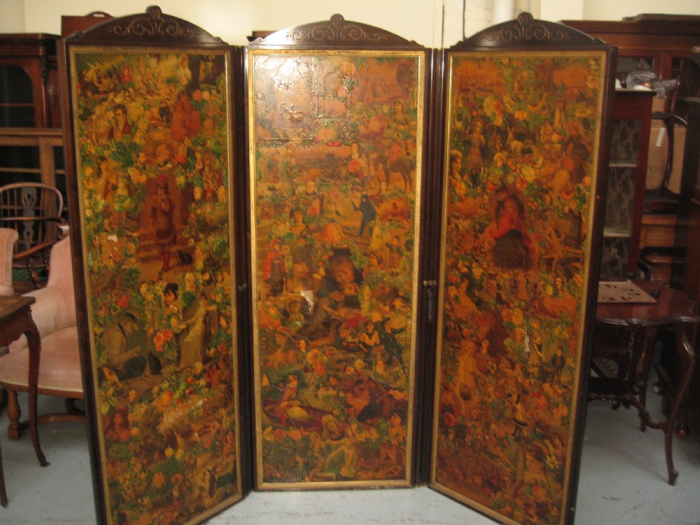 Victorian mahogany three fold scrap work  screen View VIII