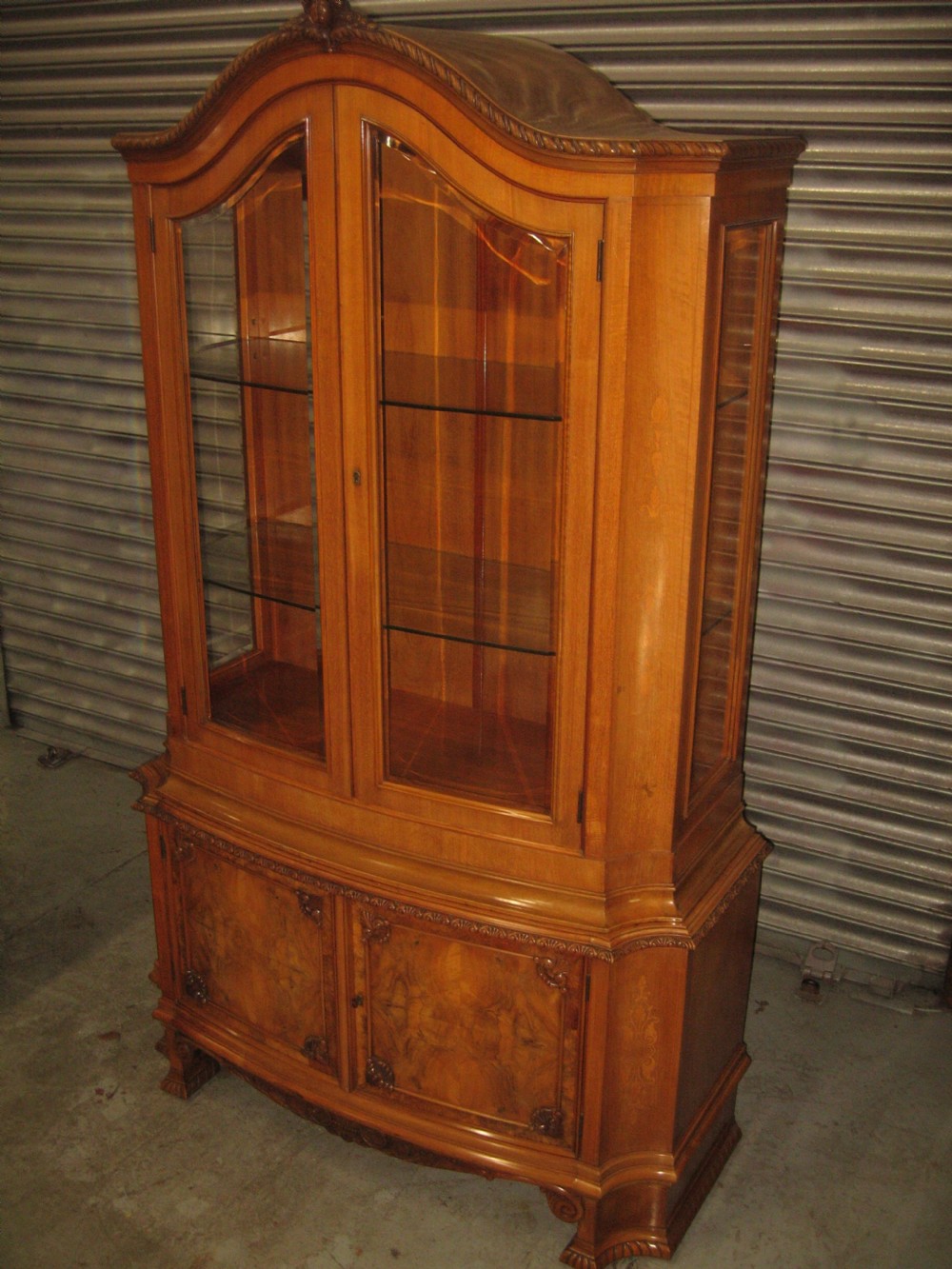 Walnut and burr walnut  arch top display cabinet