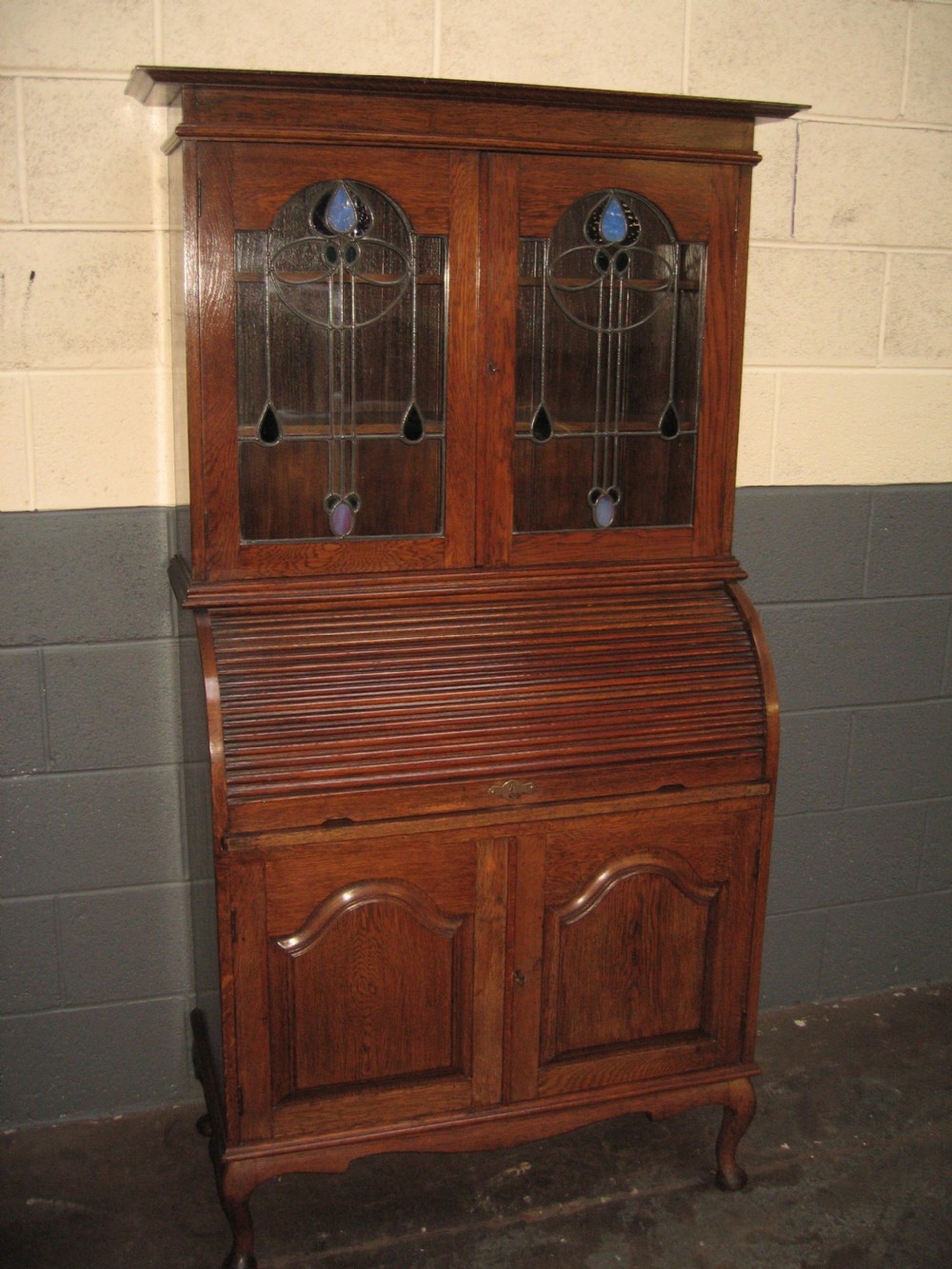 Oak roll top  writing  bookcase