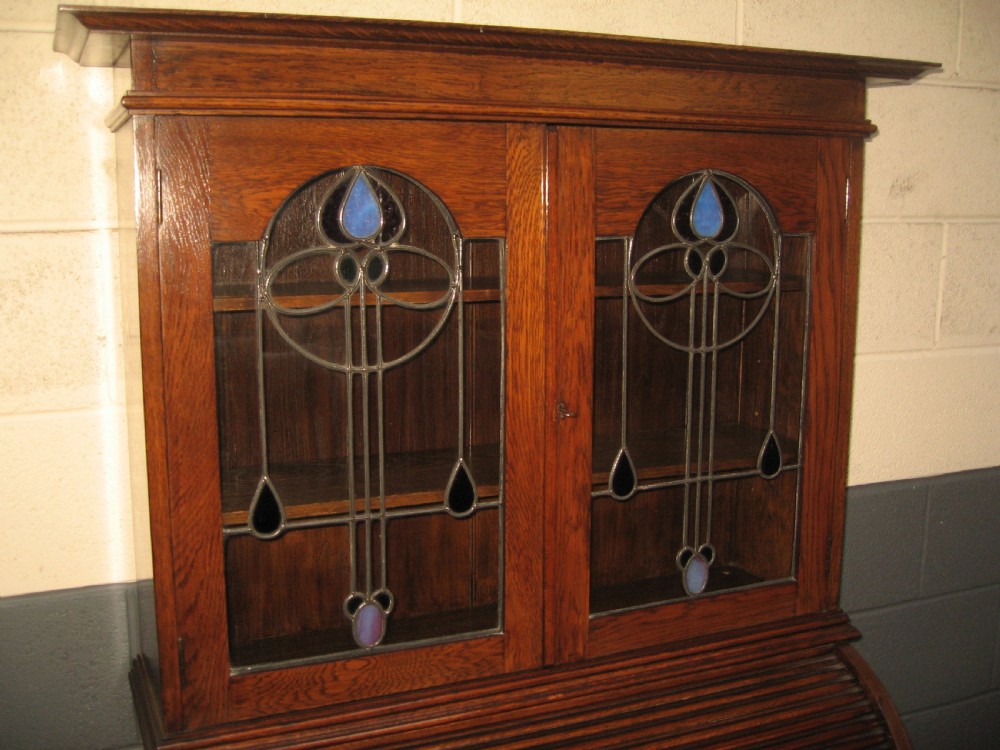 Oak roll top  writing  bookcase View II