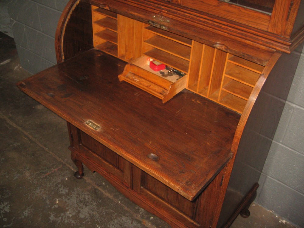 Oak roll top  writing  bookcase View V