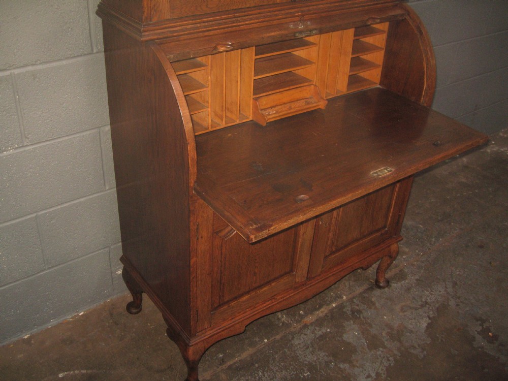Oak roll top  writing  bookcase View VI