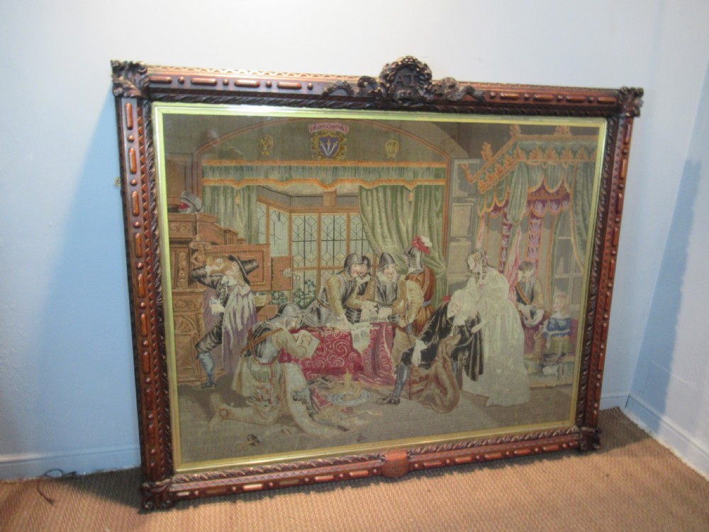 Very large Victorian oak framed wool work picture