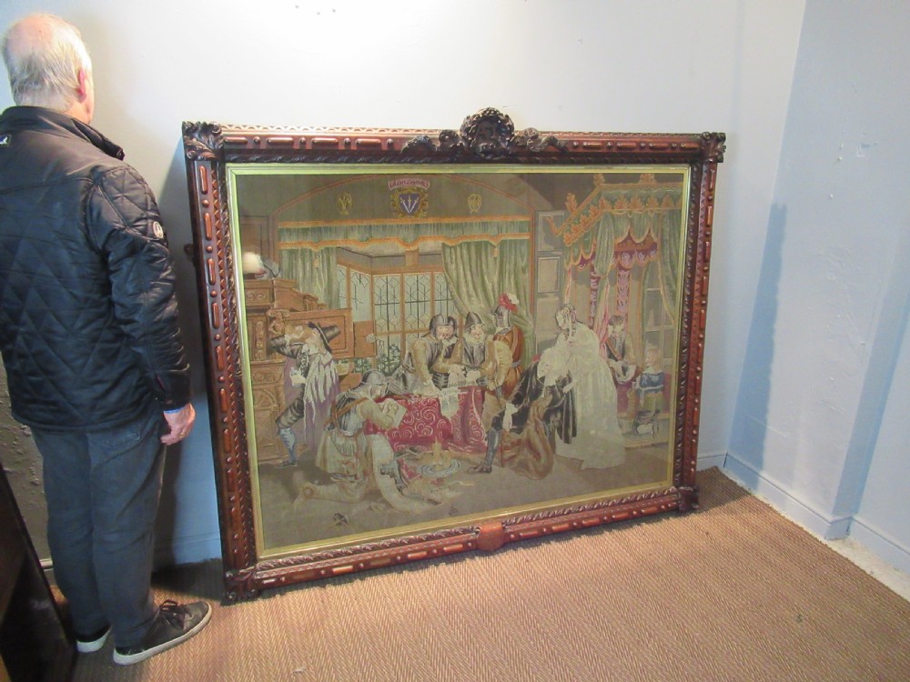 Very large Victorian oak framed wool work picture View II