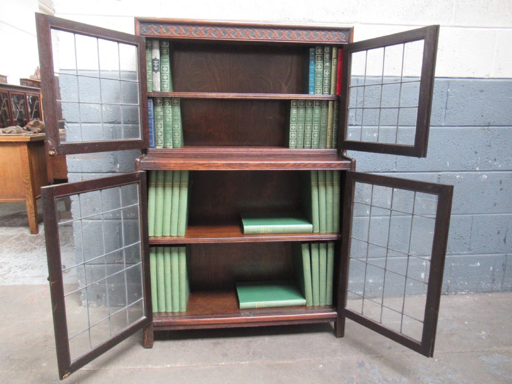 1920s oak leaded glass bookcase View VI