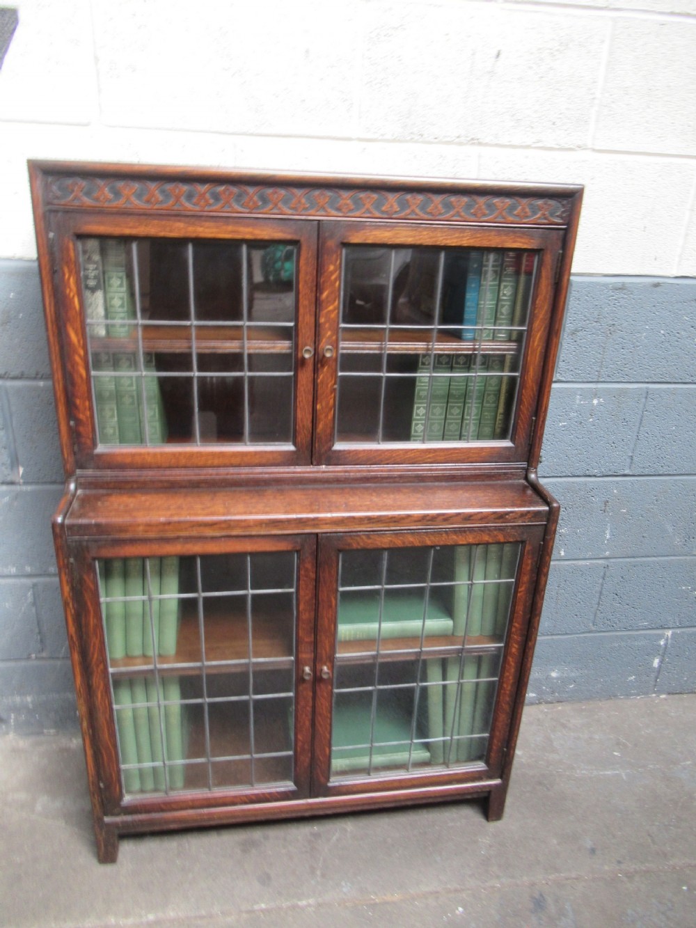 1920s oak leaded glass bookcase