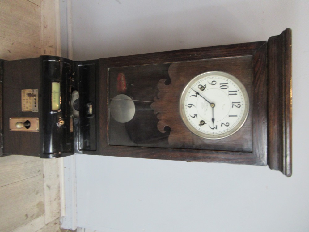 American made oak cased time  recorder clock ( clocking in works  ) View II