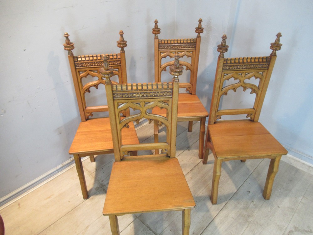 Set of four 19th century   light oak gothic hall chairs View II