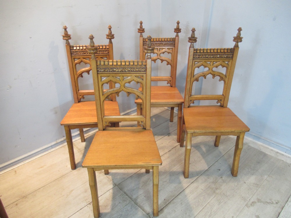 Set of four 19th century   light oak gothic hall chairs View III