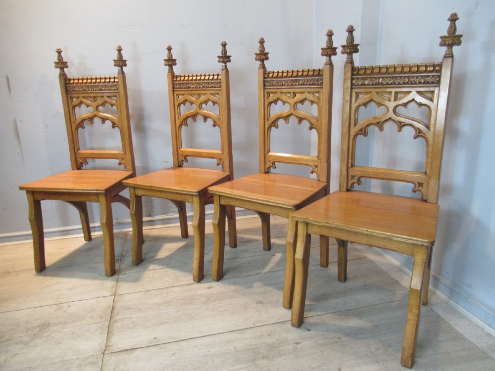 Set of four 19th century   light oak gothic hall chairs View IX