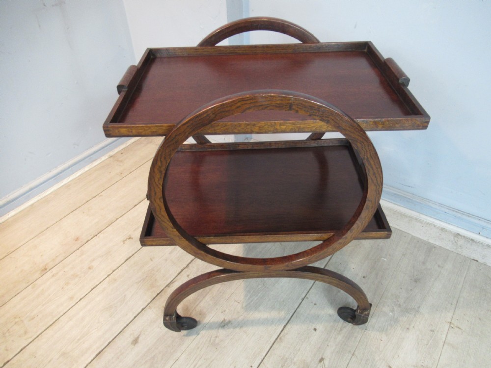 Art deco round oak drinks trolley