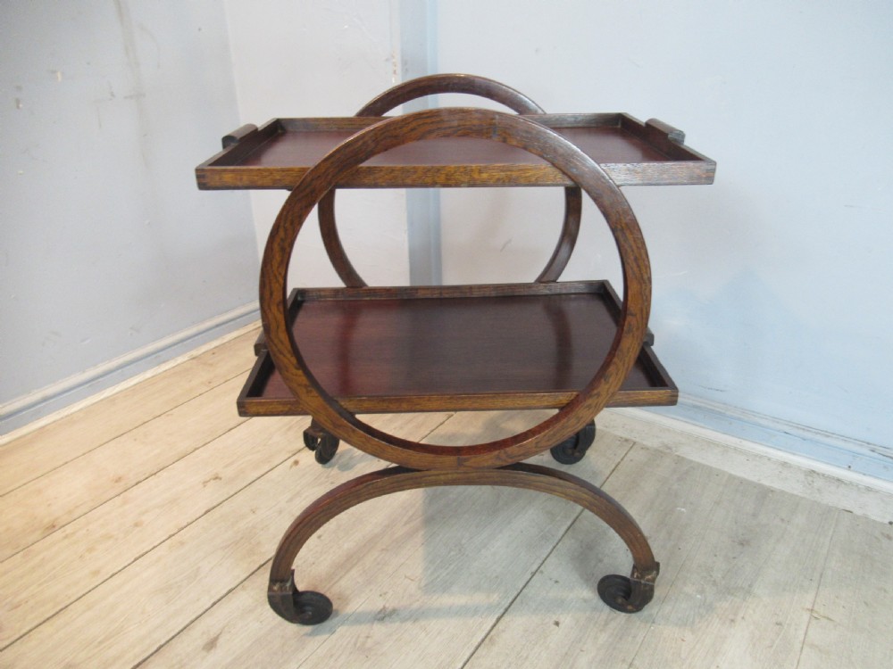 Art deco round oak drinks trolley View II