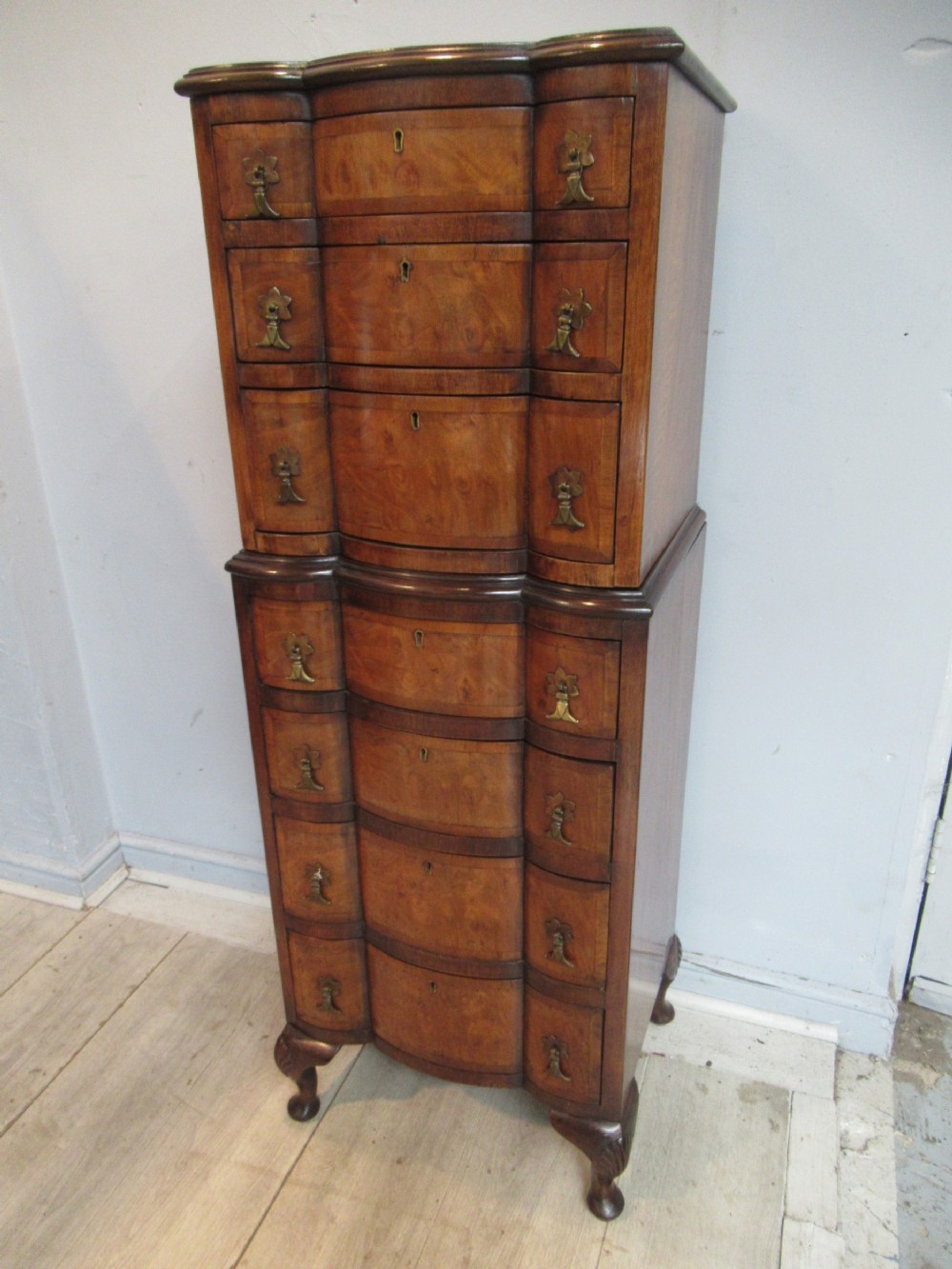 Small size burr walnut tallboy chest