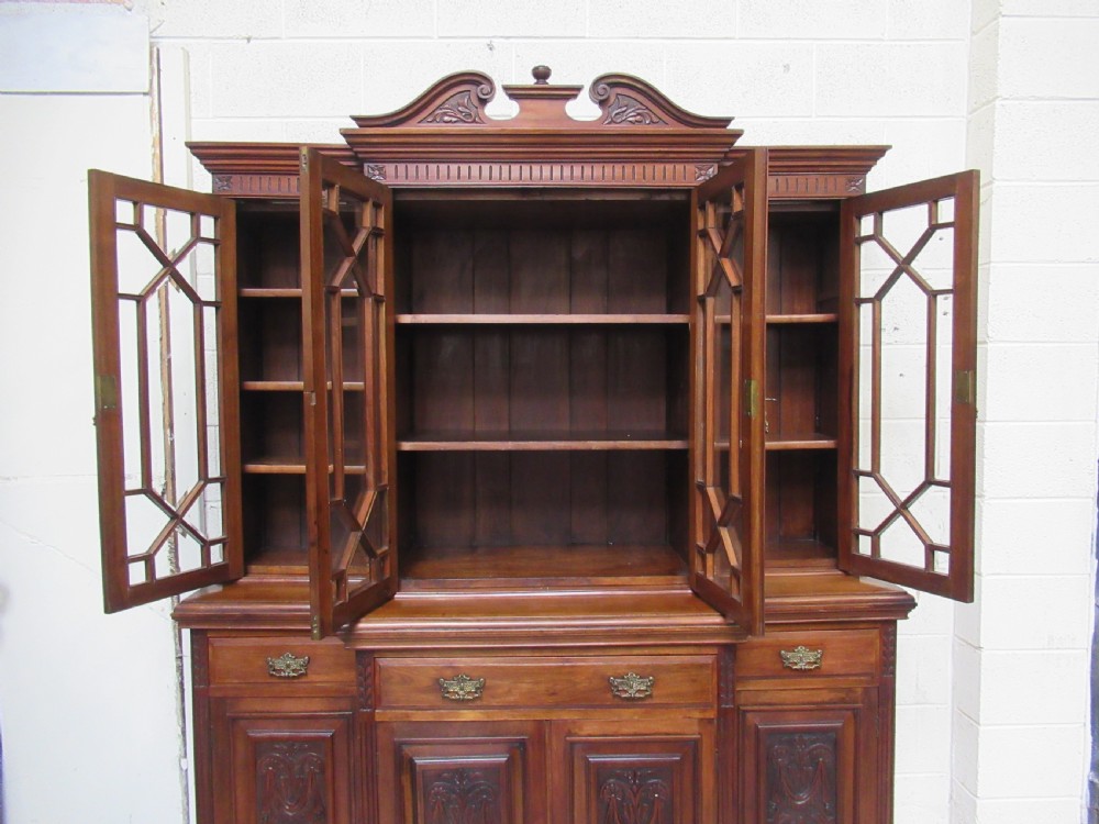 Late Victorian walnut break front bookcase View XIII