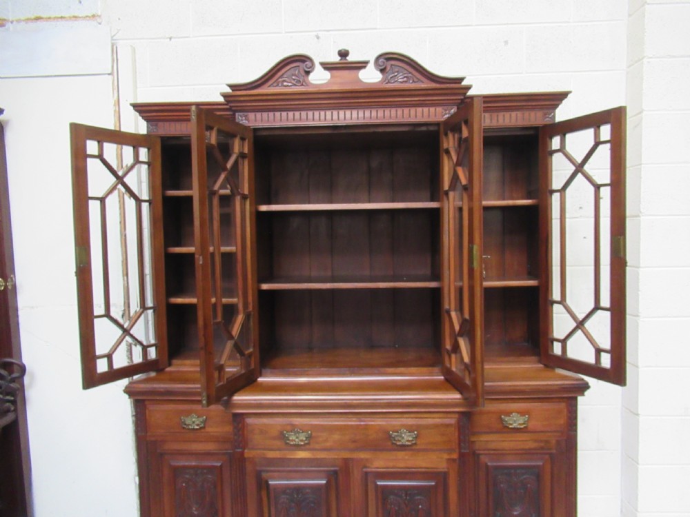 Late Victorian walnut break front bookcase View XIV