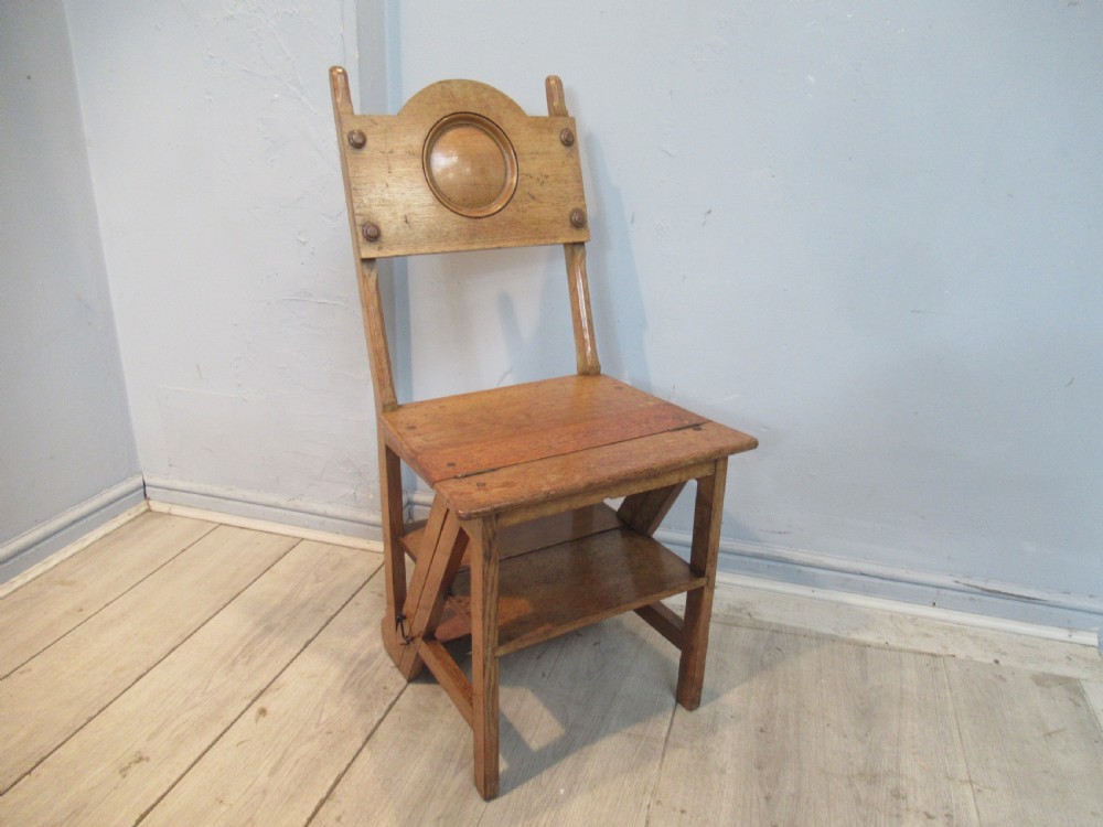 Late Victorian oak  folding chair to library steps View IX