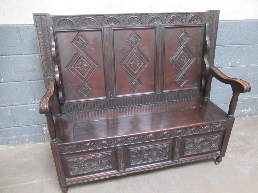 Late Victorian oak monks  bench seat View II