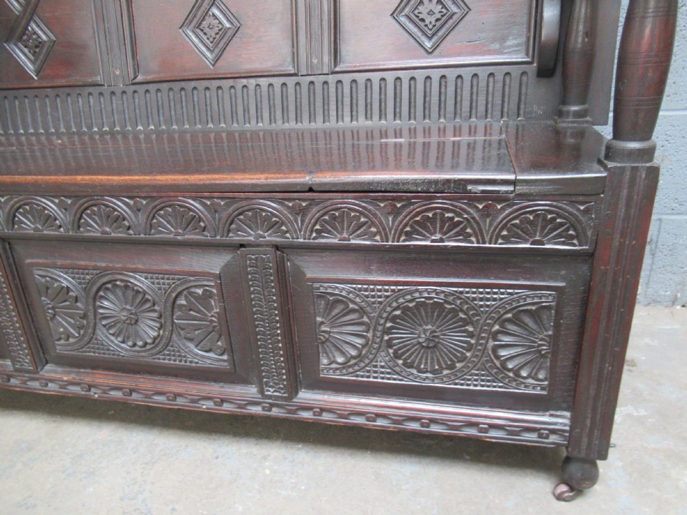 Late Victorian oak monks  bench seat View VI