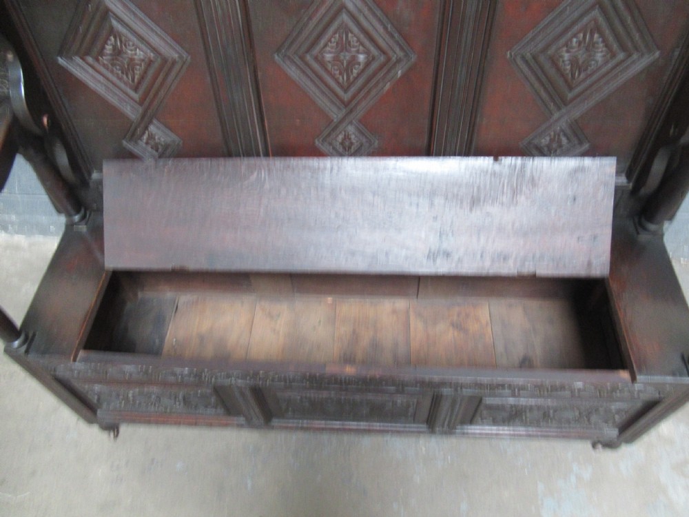 Late Victorian oak monks  bench seat View X