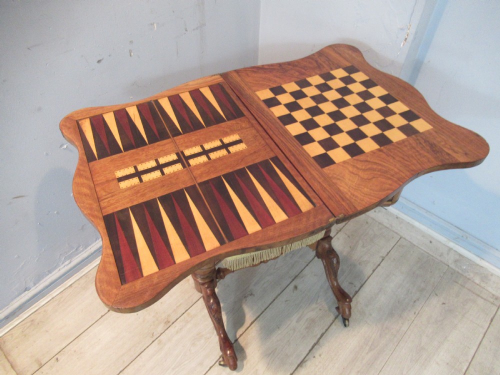Victorian burr walnut   games / sewing table View IX