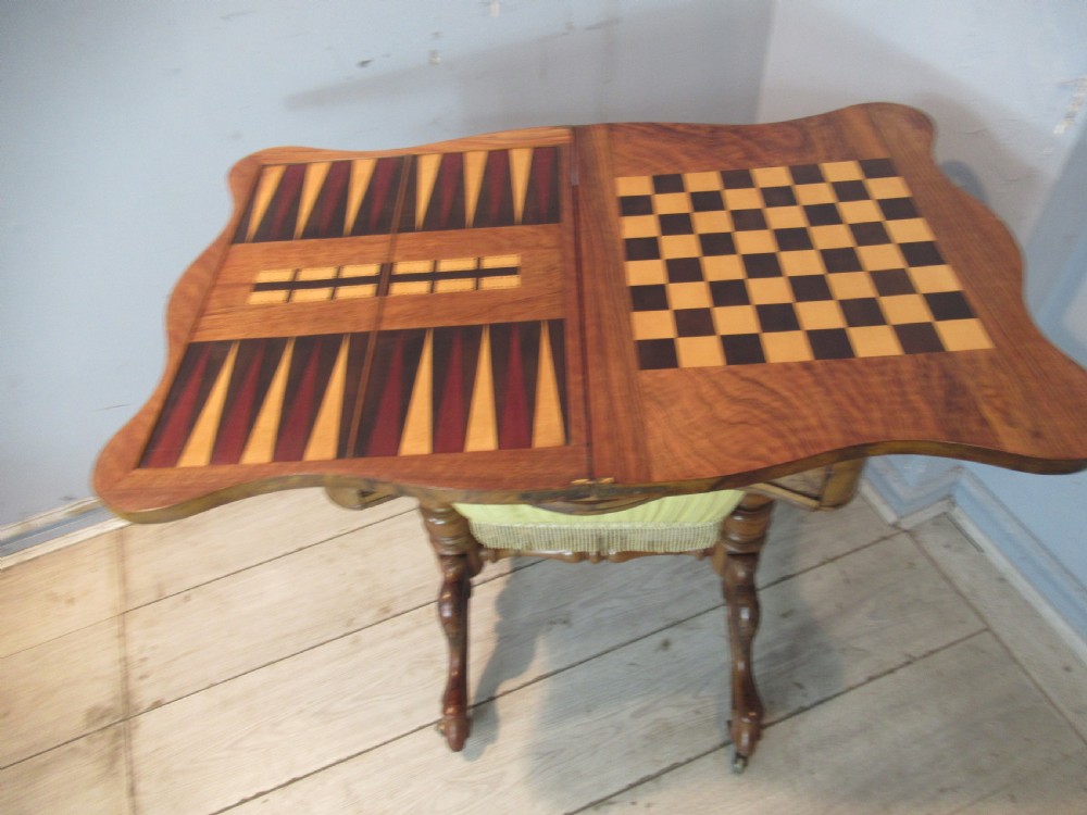 Victorian burr walnut   games / sewing table View X