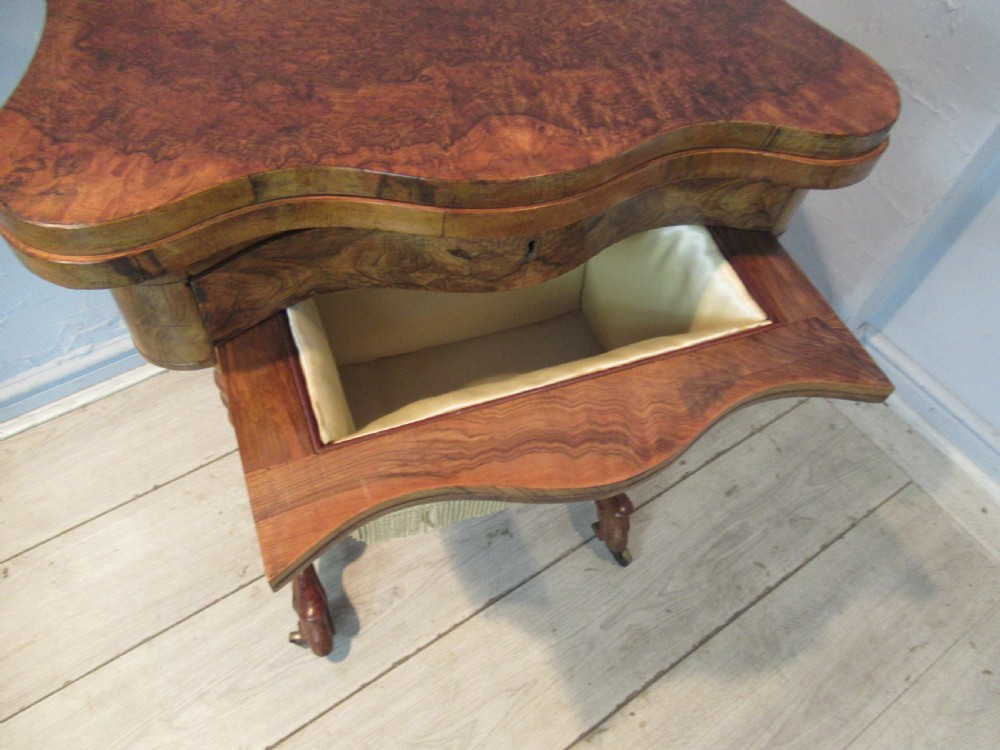 Victorian burr walnut   games / sewing table View XI