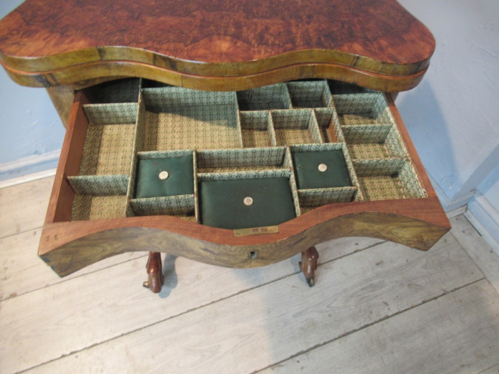 Victorian burr walnut   games / sewing table View XIII