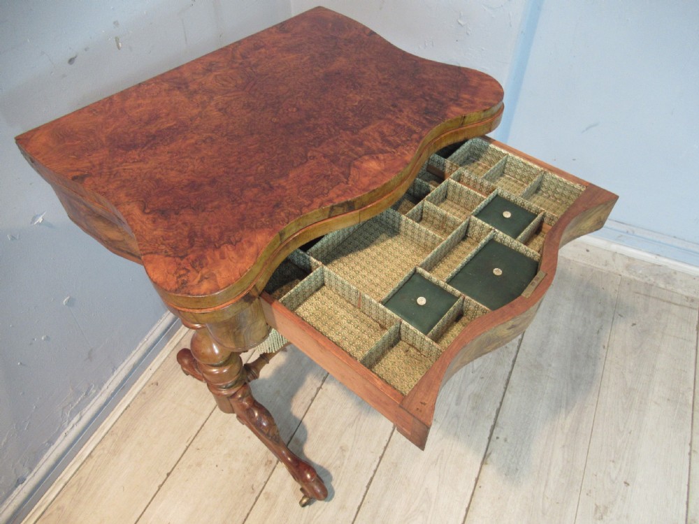 Victorian burr walnut   games / sewing table View XIV