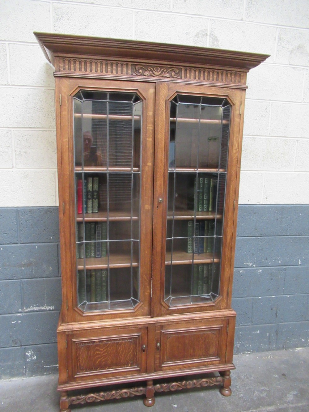 1920s Oak  two door leaded glazed  bookcase