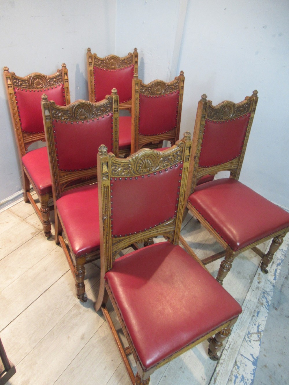 Set of six light oak Victorian dining chairs